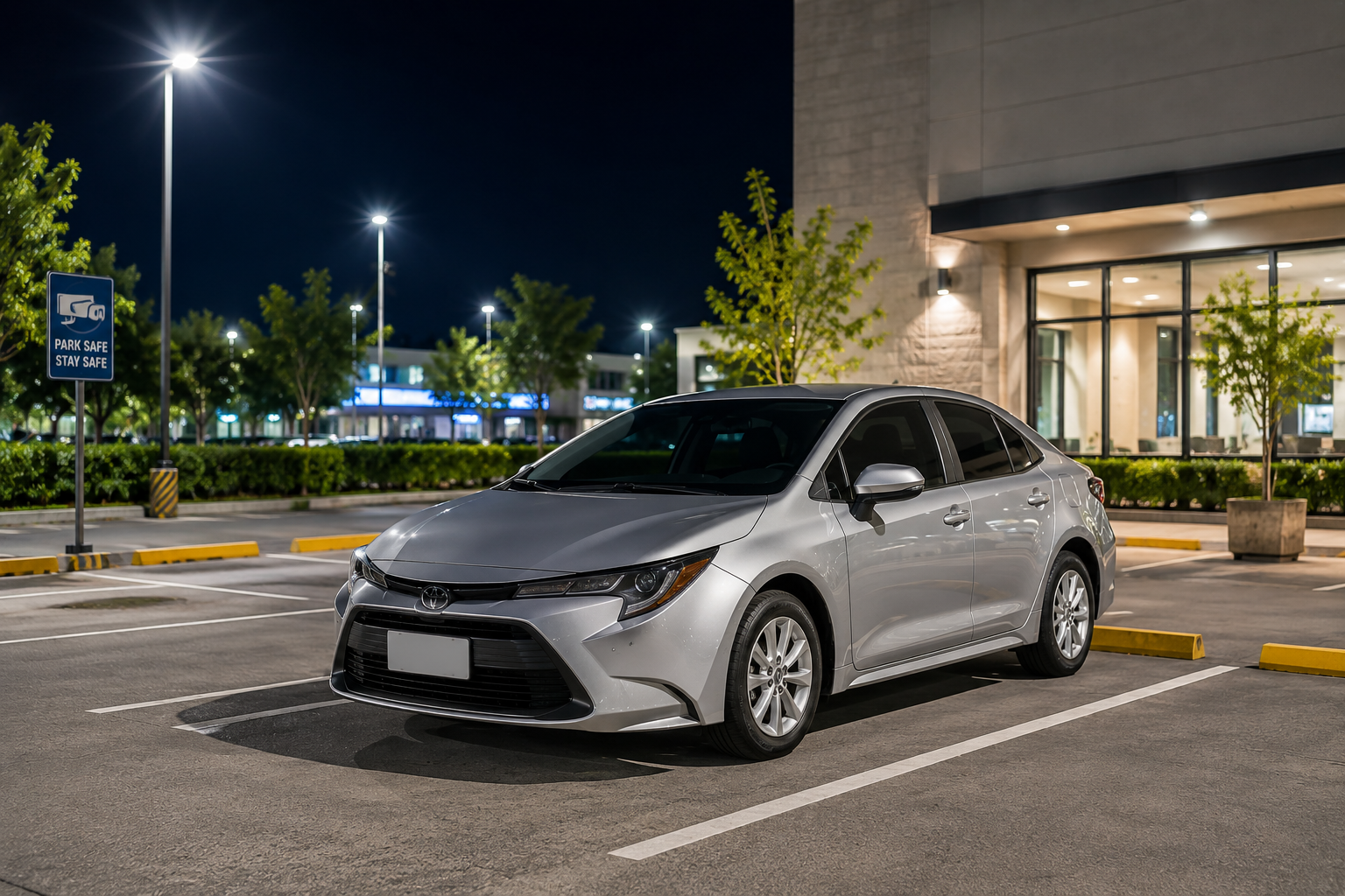 A car parked in a well-lit area